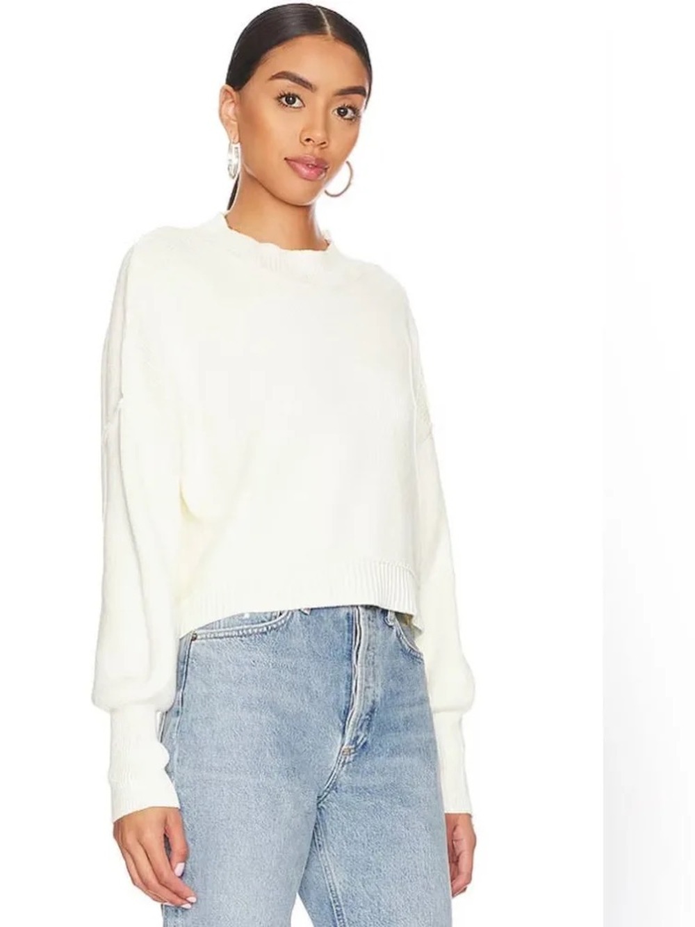 Free People Cream cropped Ribbed Crewneck Sweater